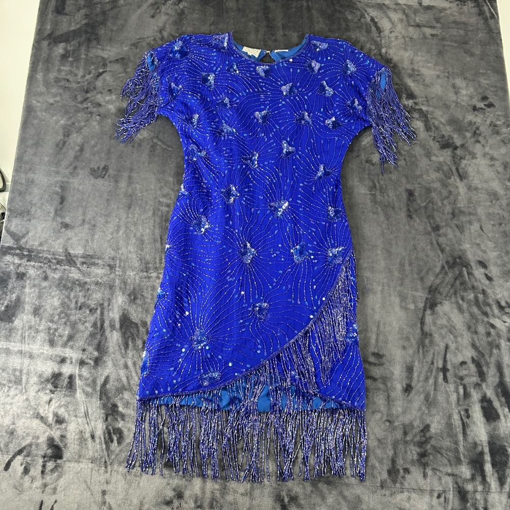 Stenay Beaded Silk Dress Womens 10 Blue Sequin Fringe Vintage Cocktail Formal
